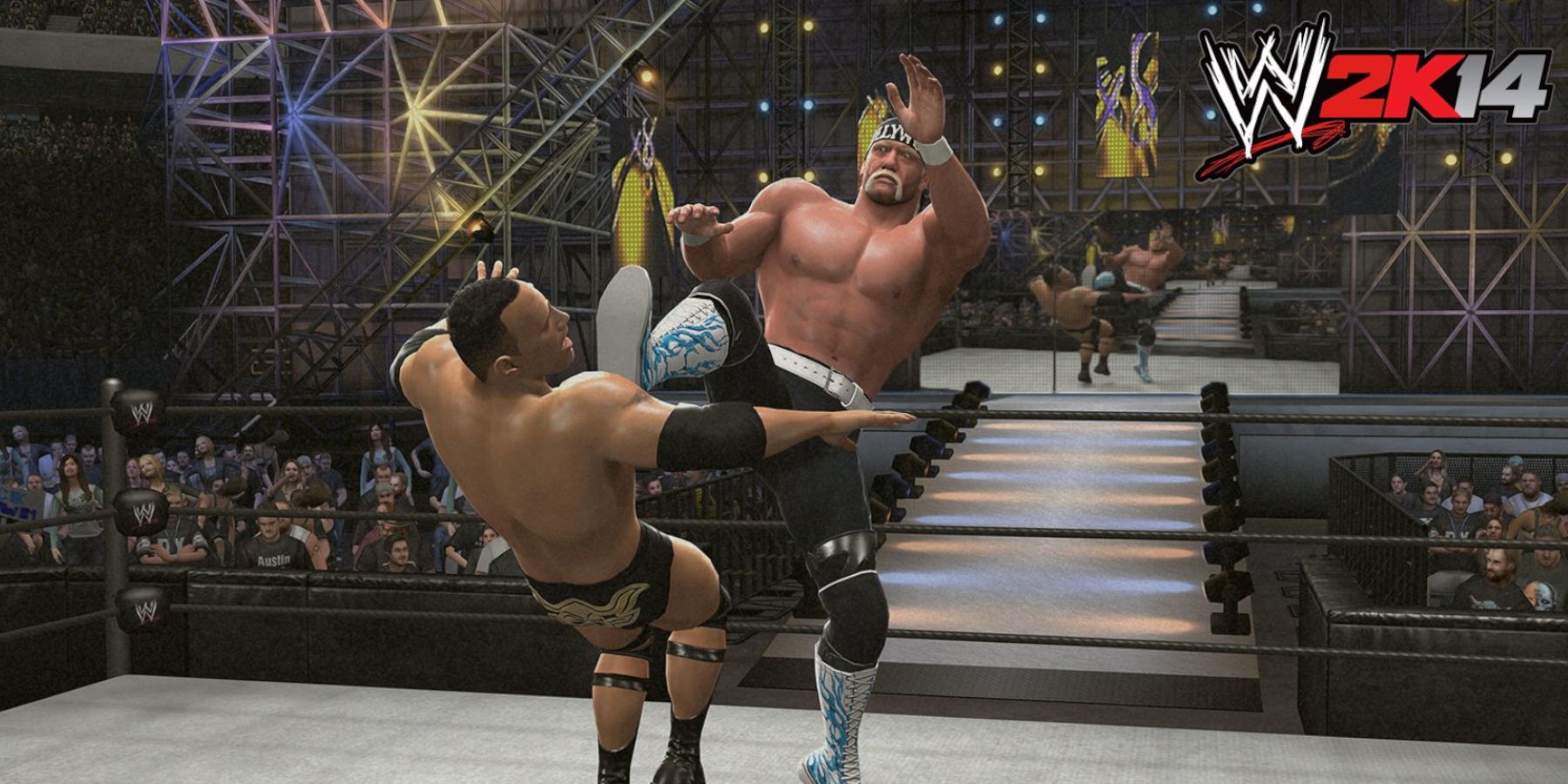 WWE 2K14 Hulk Hogan hits the big boot on the Rock in Showcase mode
