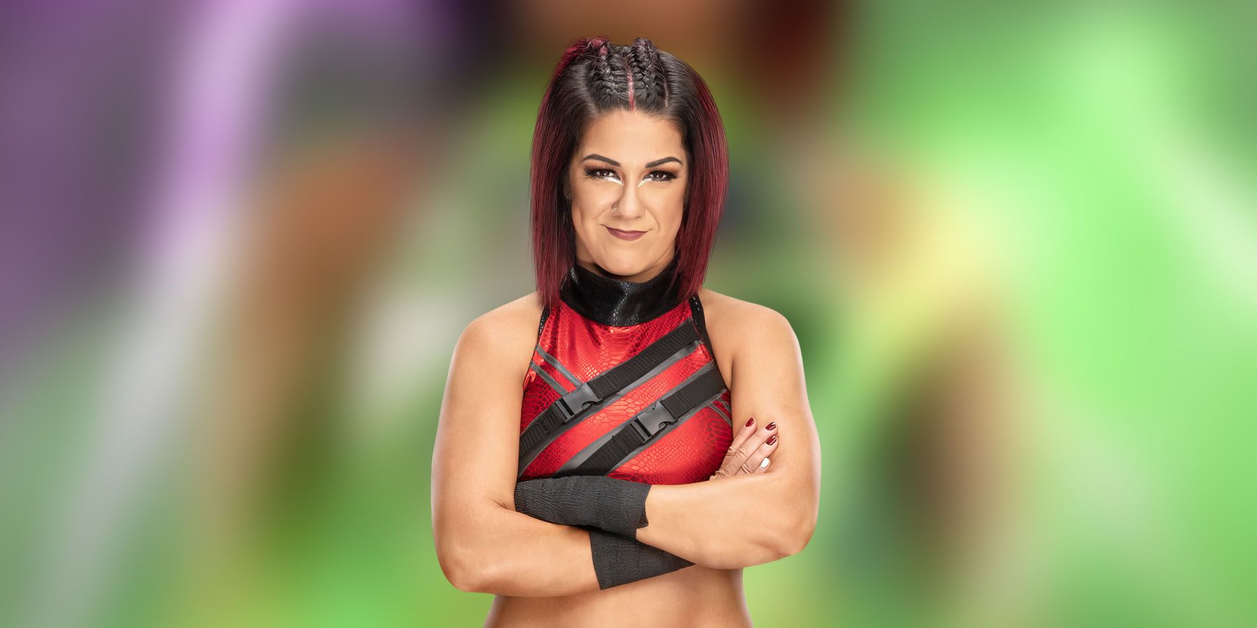 A promotional image of Bayley standing in front of her blurred-out character model in WWE 2K24.