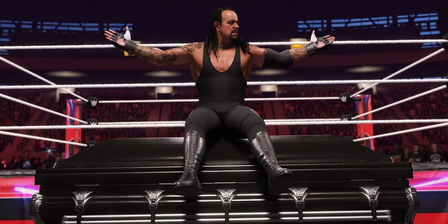 A screenshot of The Undertaker sitting atop a casket in WWE 2K24.