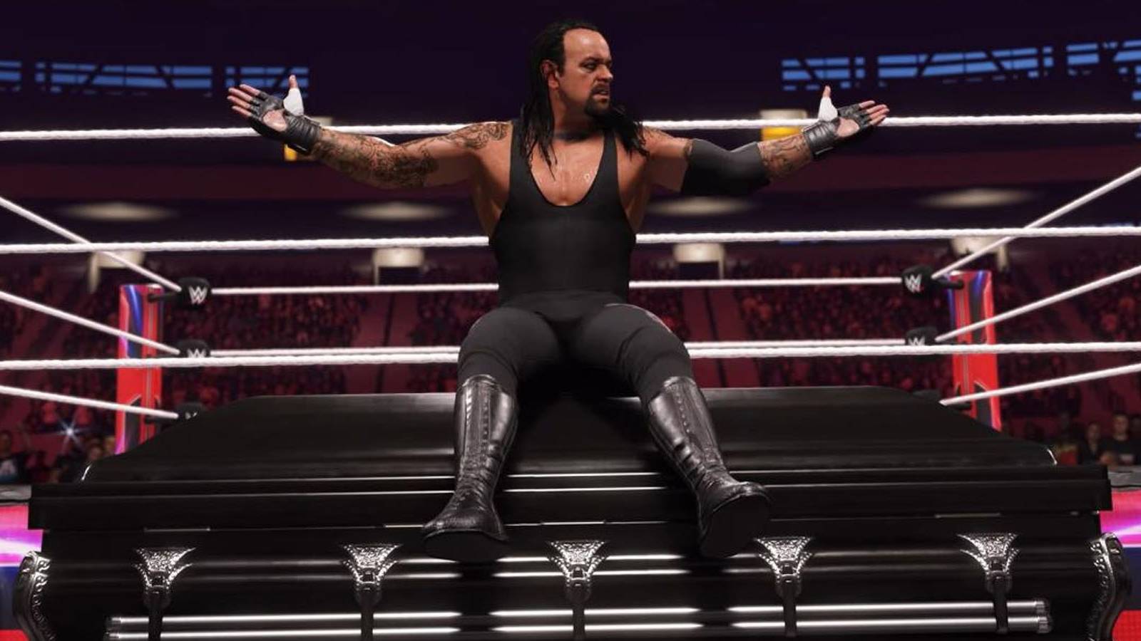 A screenshot of The Undertaker sitting atop a casket in WWE 2K24.