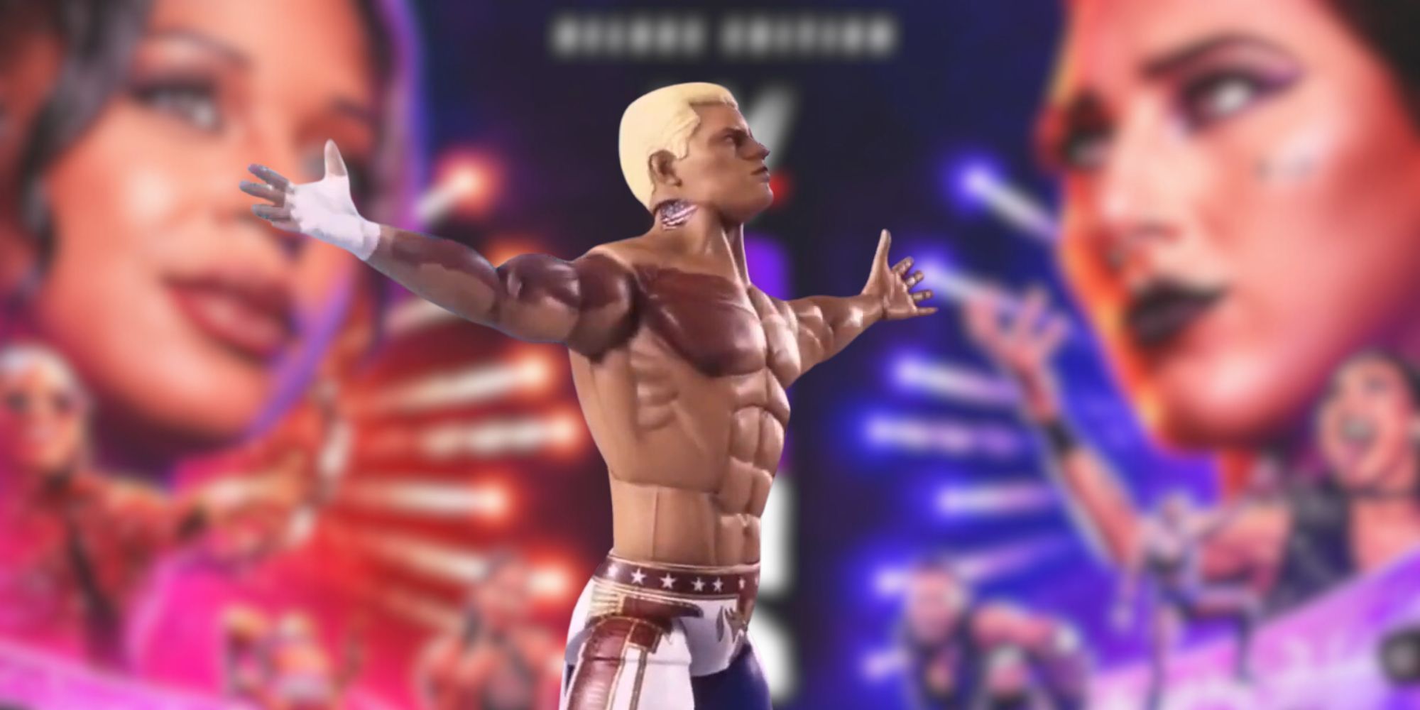 The Mattel Cody Rhodes over a cover of WWE 2K24