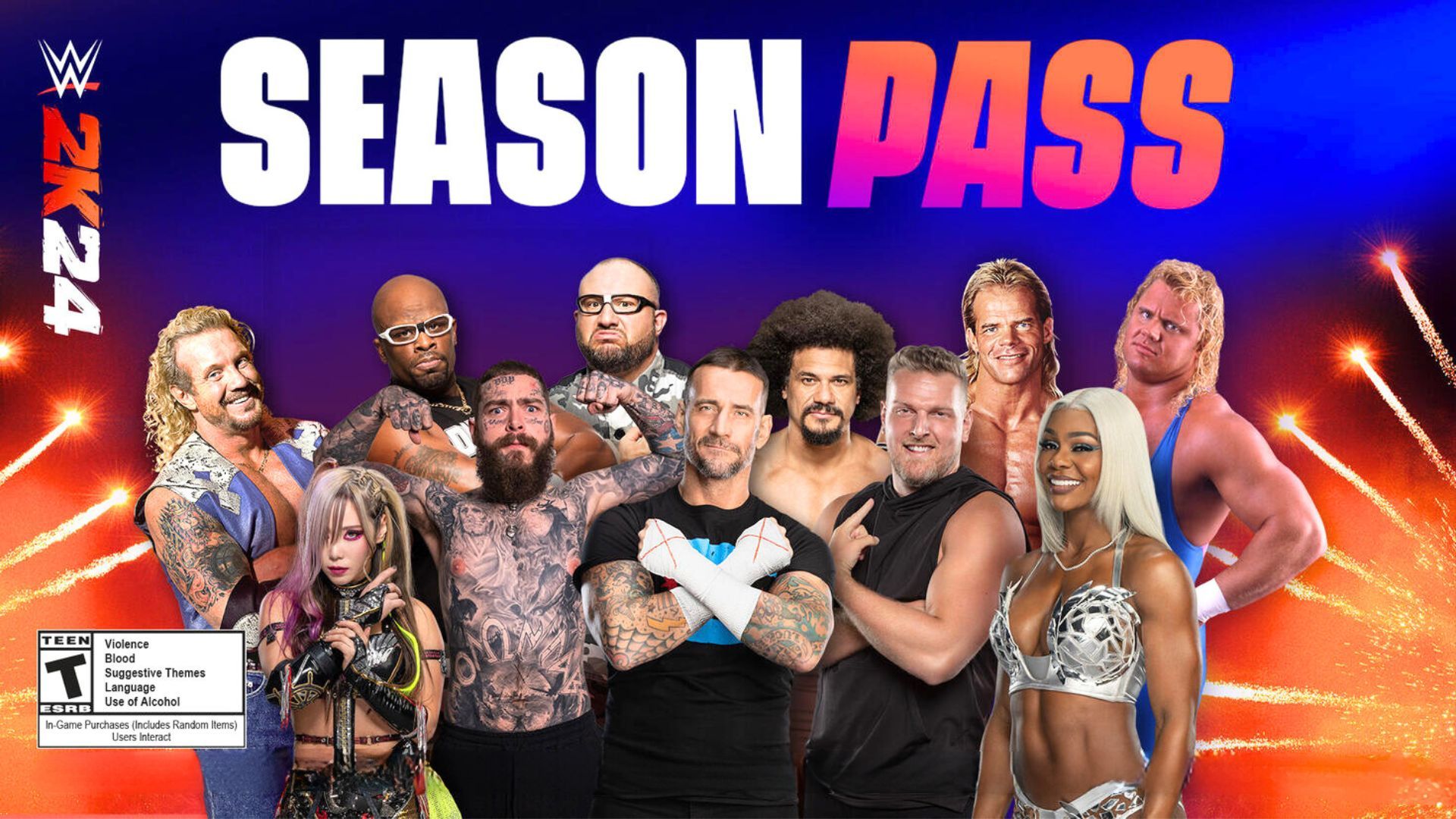 The Season Pass promotional image for WWE 2K24, featuring CM Punk and Jade Cargill