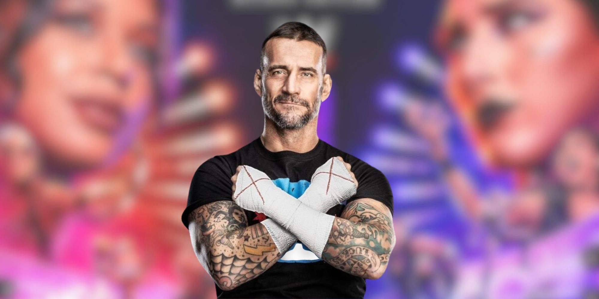 CM Punk in front of a blurred image of the cover of WWE 2K24