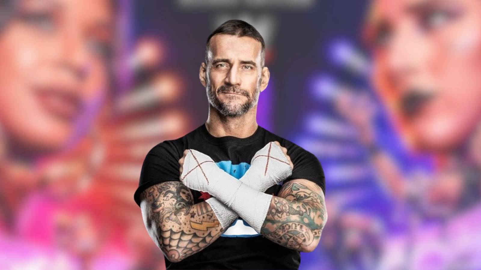 CM Punk in front of a blurred image of the cover of WWE 2K24