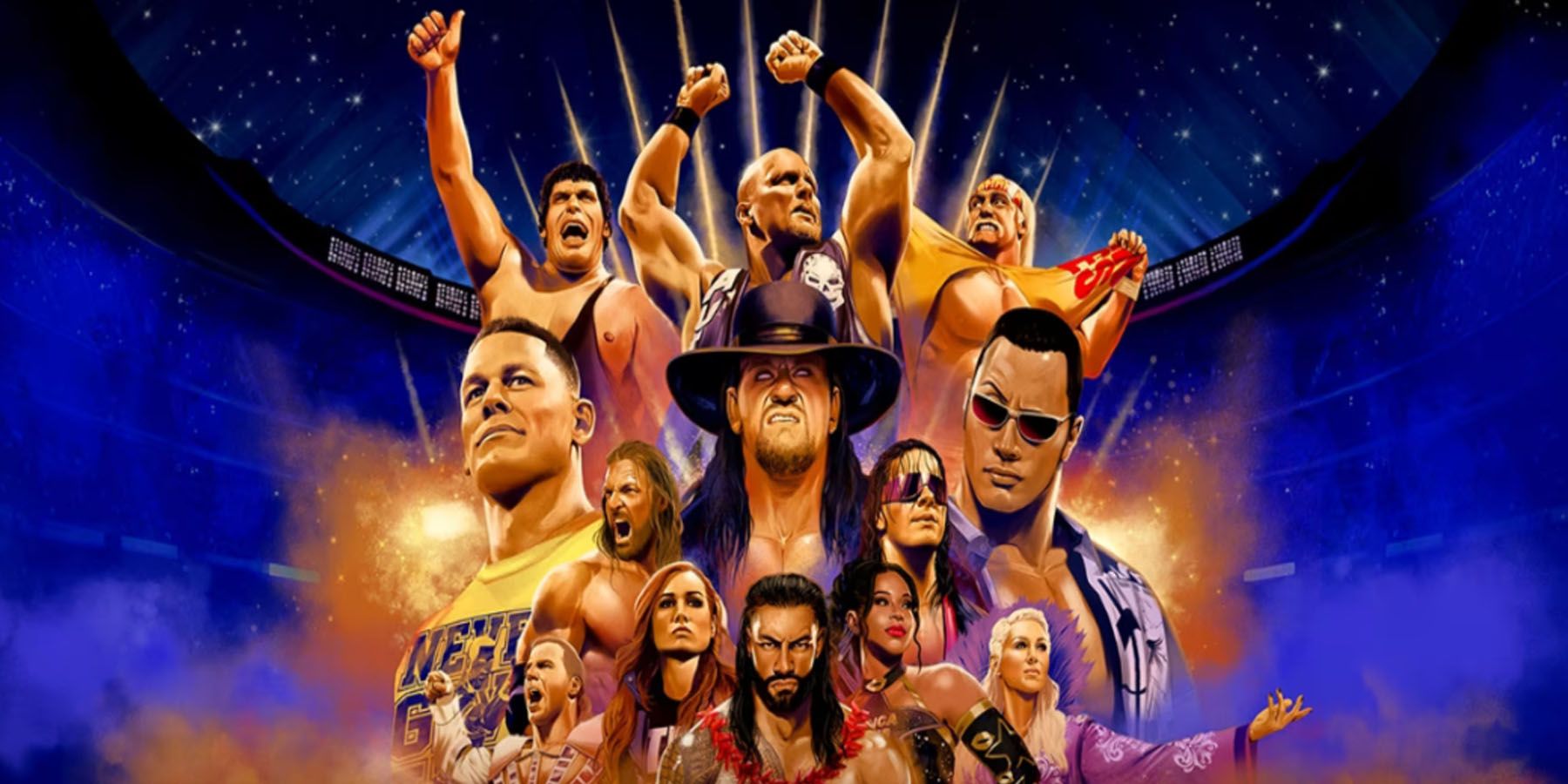 The special edition digital cover for WWE 2K24, featuring several classic Superstars.