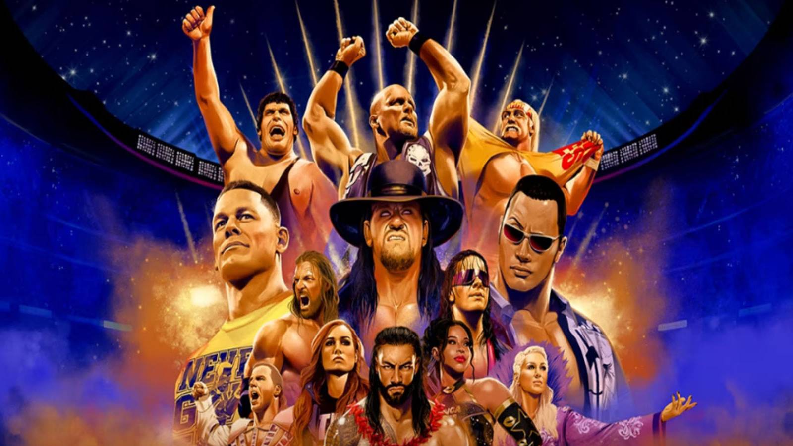 The special edition digital cover for WWE 2K24, featuring several classic Superstars.
