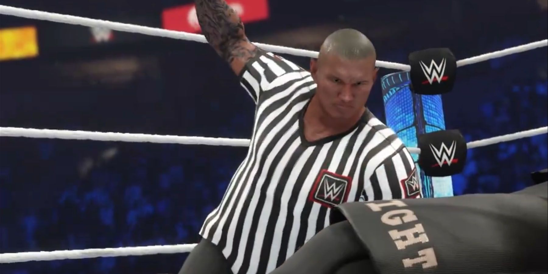 A screenshot of Randy Orton as a guest referee in WWE 2K24.