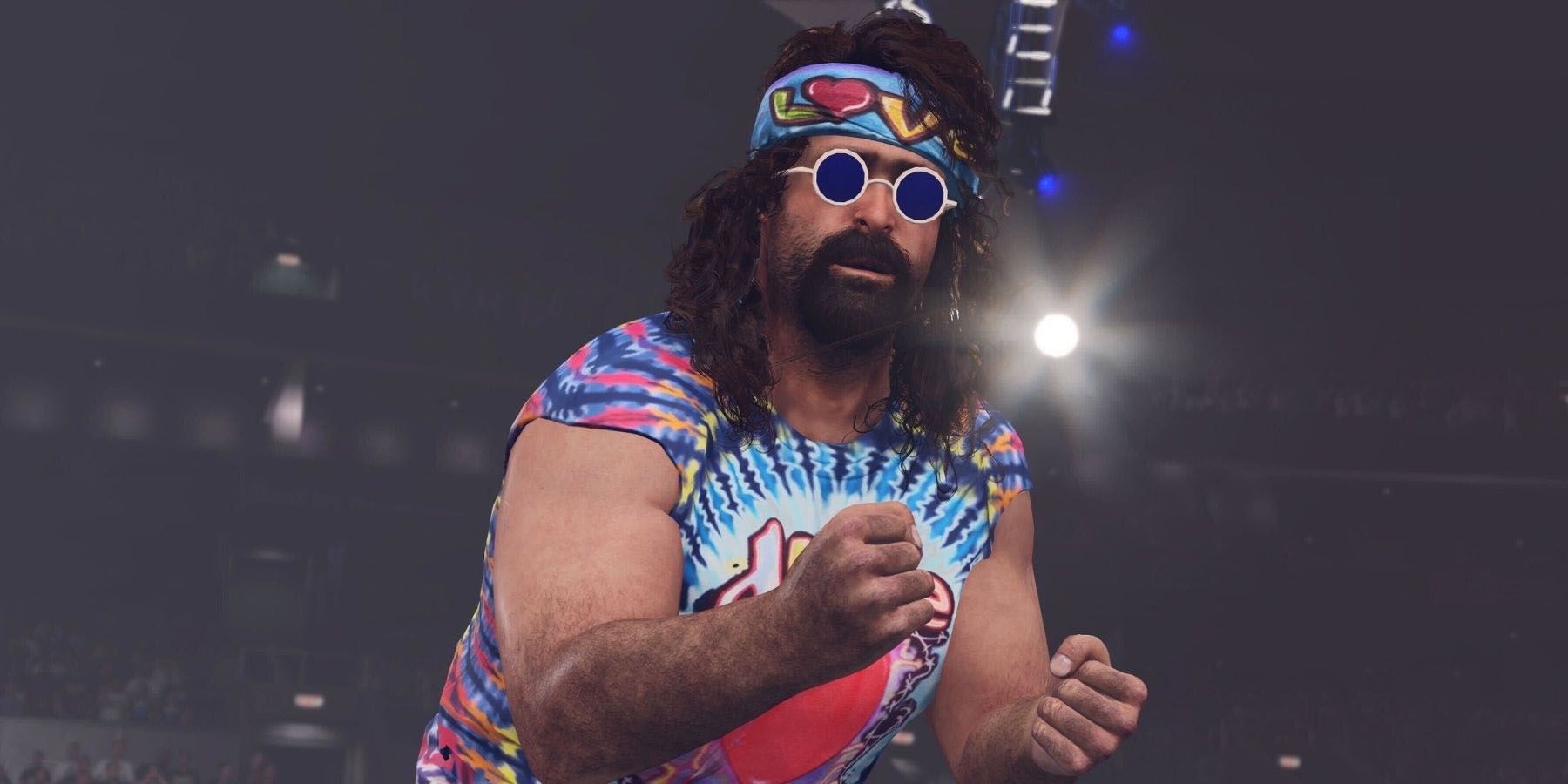 A screenshot of Mick Foley in his Dude Love persona in WWE 2K24.
