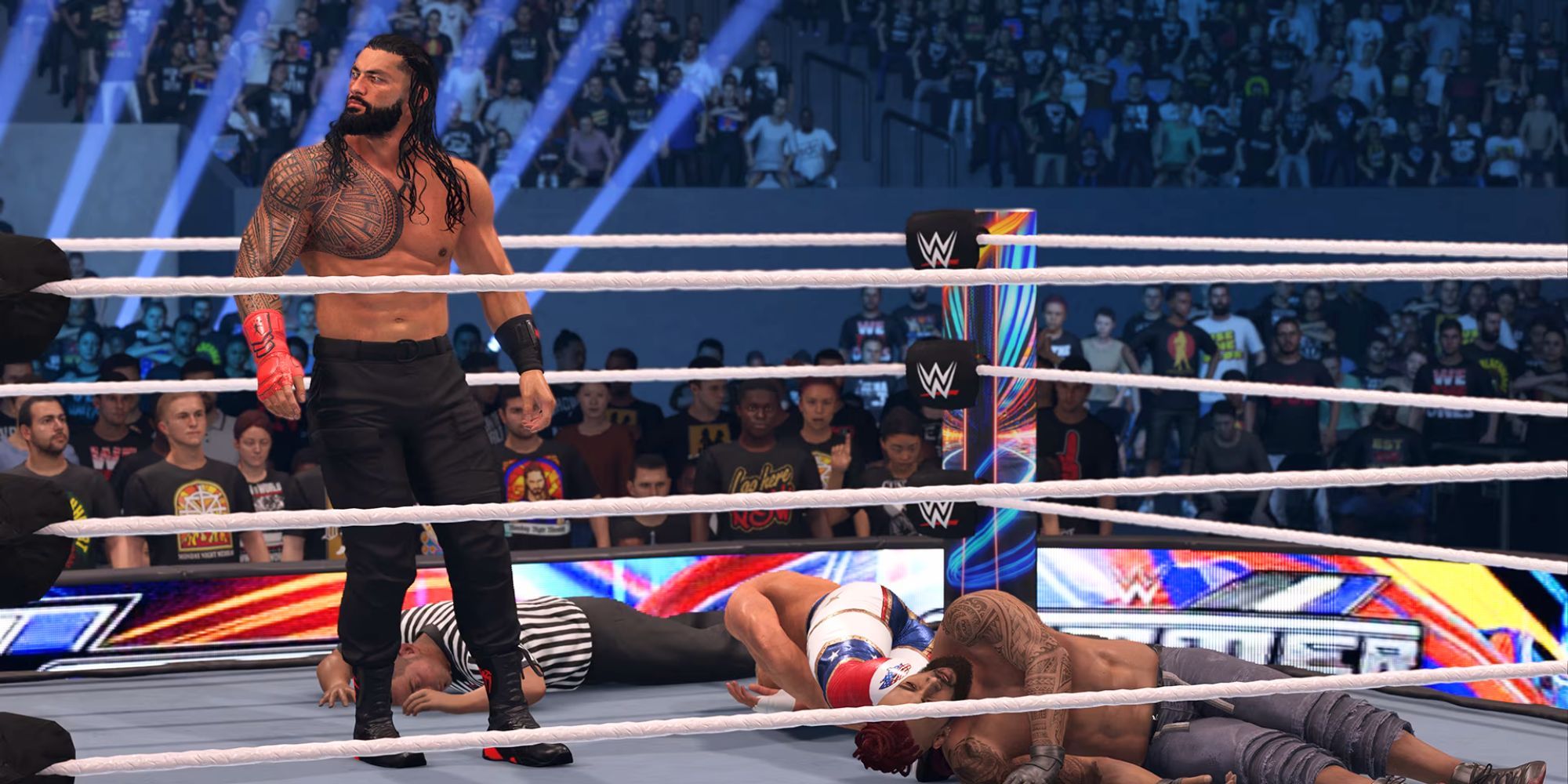 Roman Reigns standing over Cody Rhodes and a created wrestler in WWE 2K24