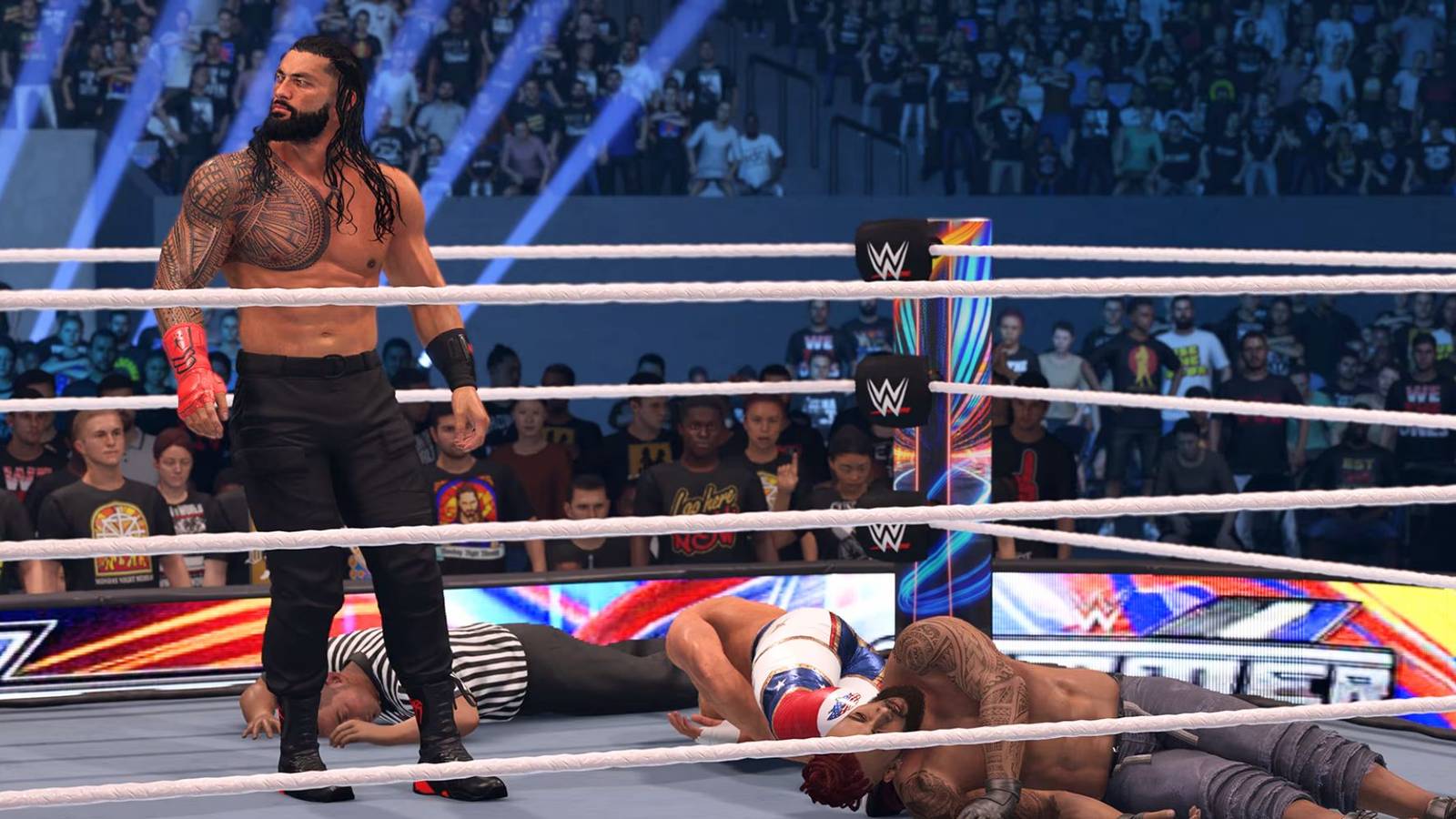 Roman Reigns standing over Cody Rhodes and a created wrestler in WWE 2K24