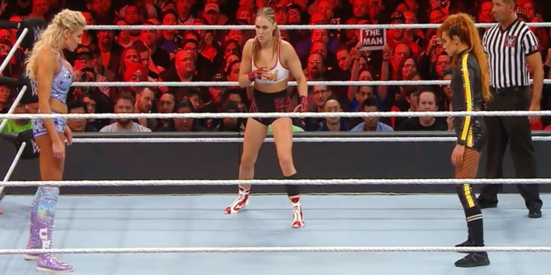 WWE Triple Threat Match with Flair, Lynch, and Rousey WM 35