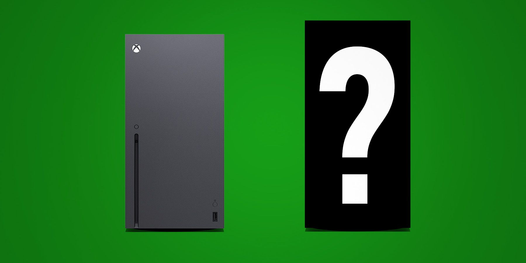 Xbox Series X next to larger console silhouette with question mark green background