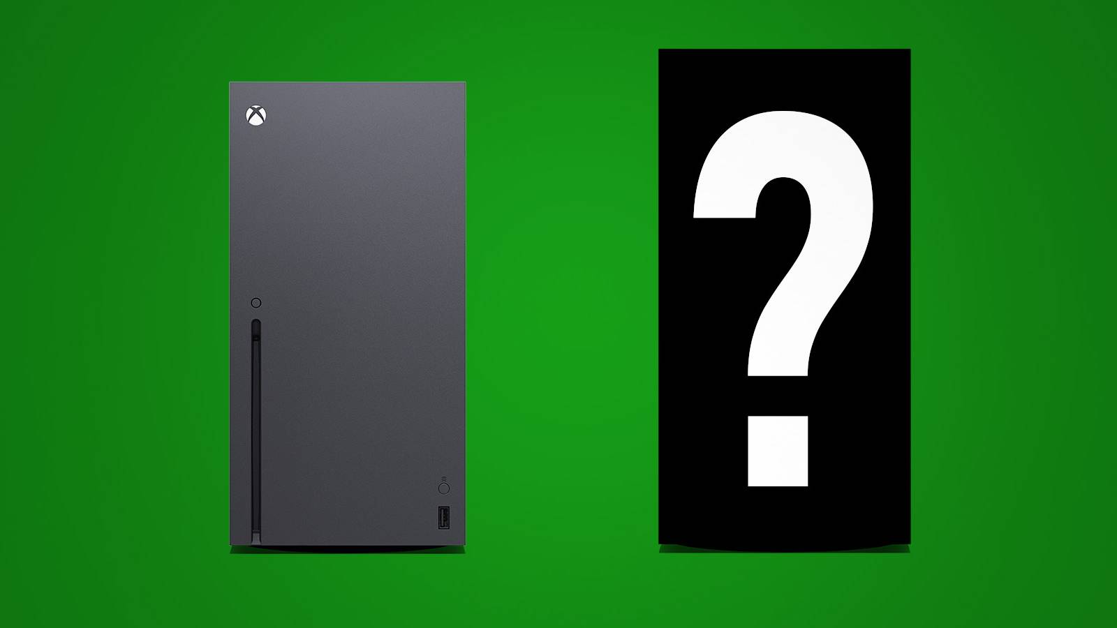 Xbox Series X next to larger console silhouette with question mark green background