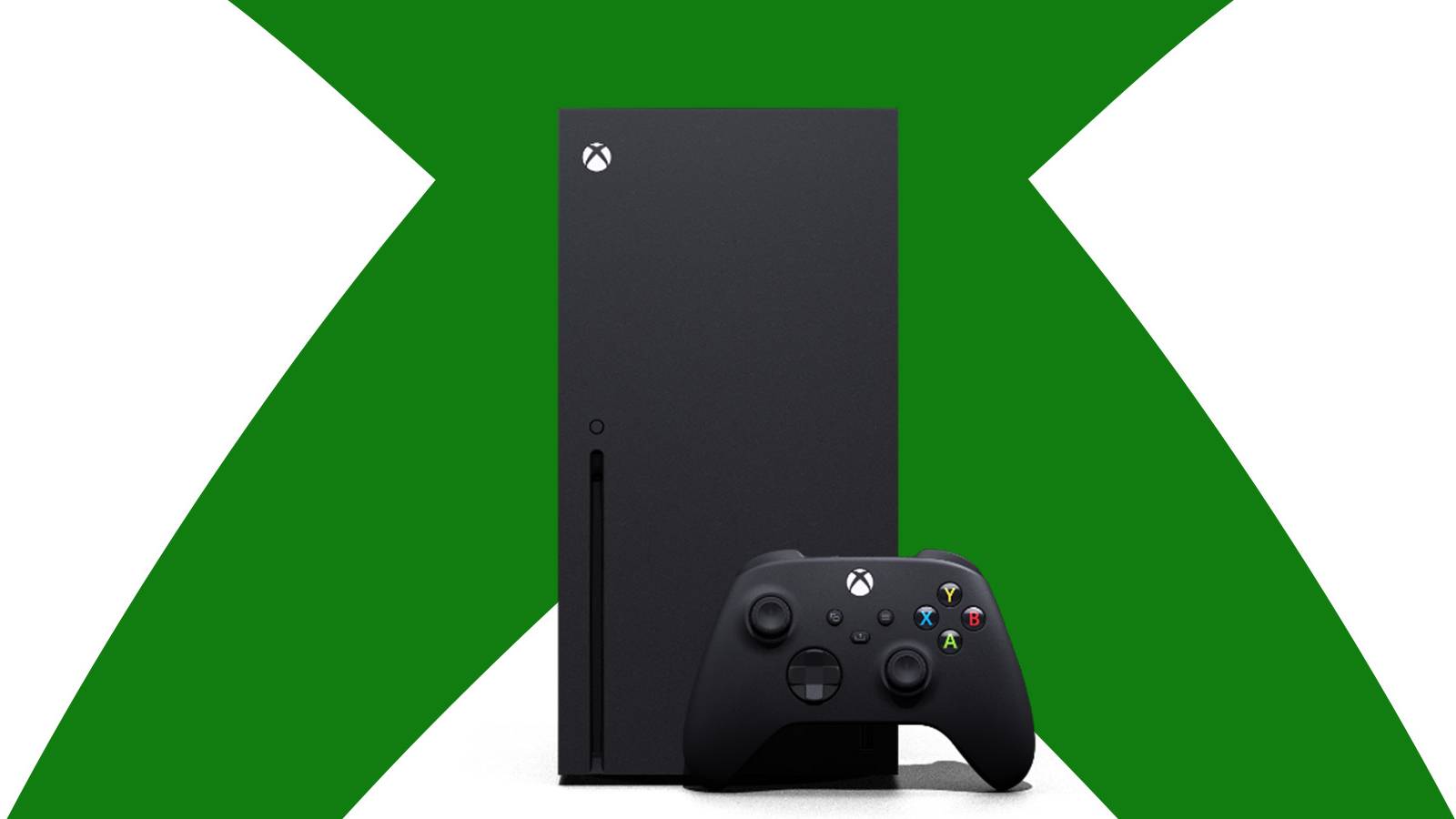 Xbox Series X placed on inverted white-green Xbox logo