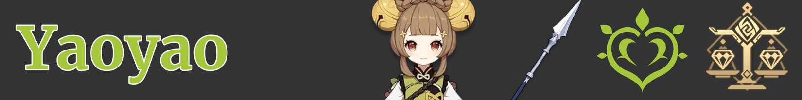 icons representing yaoyao, a polearm, dendro, and liyue from genshin impact