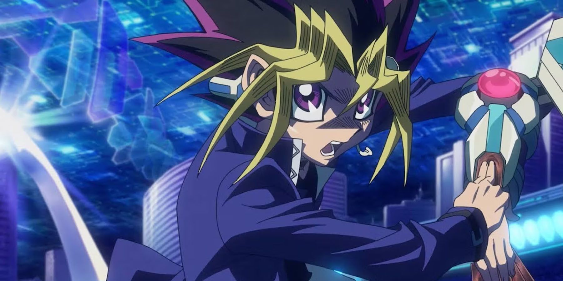 A screenshot of Yugi Muto drawing a card from his Duel Disk in Yu-Gi-Oh: Dark Side of Dimensions.