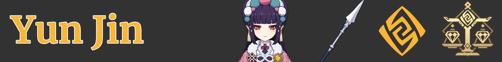 a narrow image strip with icon's representing yun jin's weapon, element, and region - polearm geo liyue - genshin impact