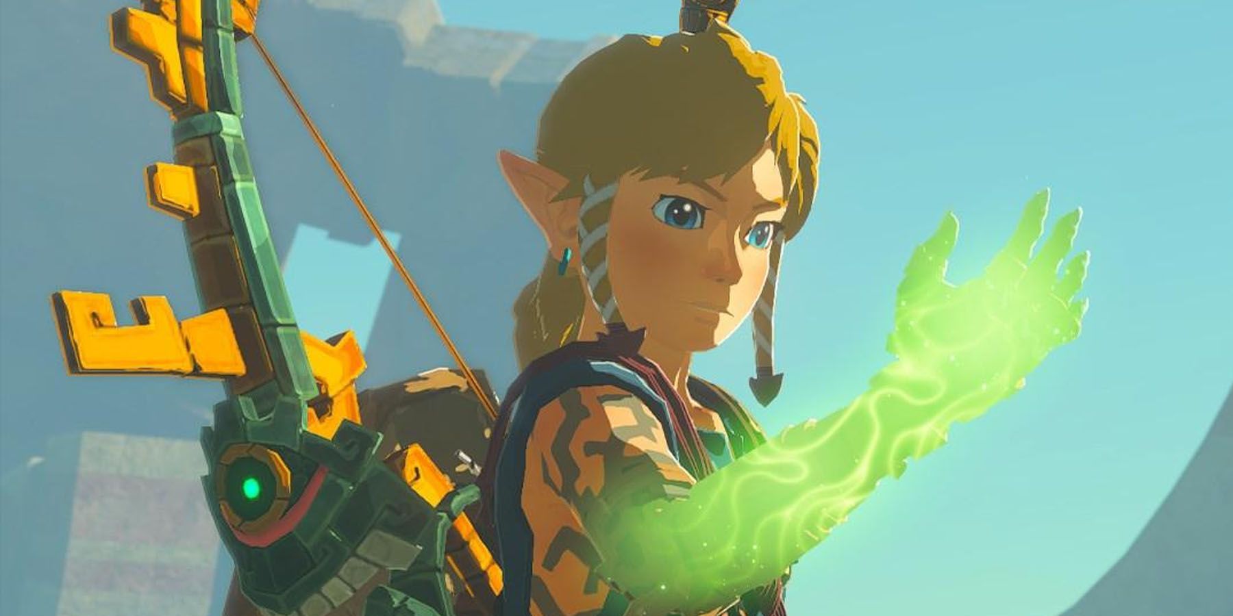 A screenshot of Link looking down at his glowing green arm in The Legend of Zelda: Tears of the Kingdom.