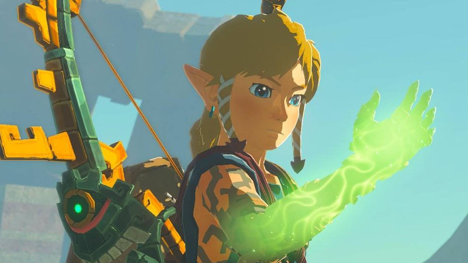 A screenshot of Link looking down at his glowing green arm in The Legend of Zelda: Tears of the Kingdom.