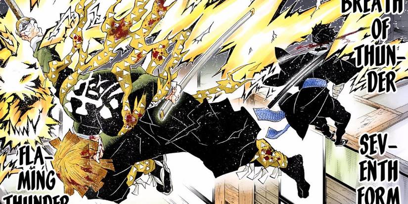 Zenitsu using Thunder Breathing Flaming Thunder God against Kaigaku.