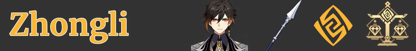 a narrow image strip with icon's representing zhongli's weapon, element, and region - polearm geo liyue - genshin impact