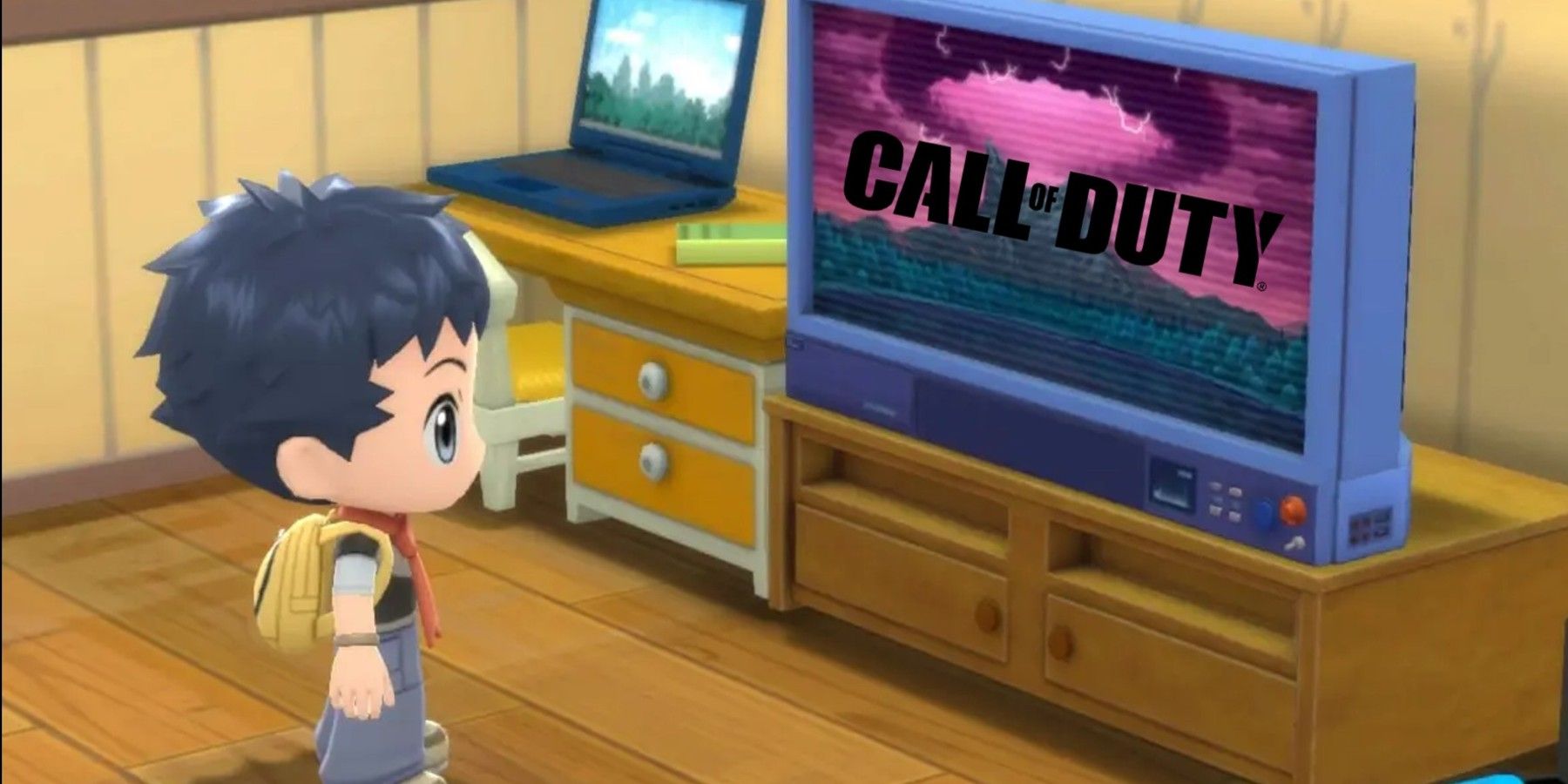 pokemon protagonist looking at tv with call of duty logo