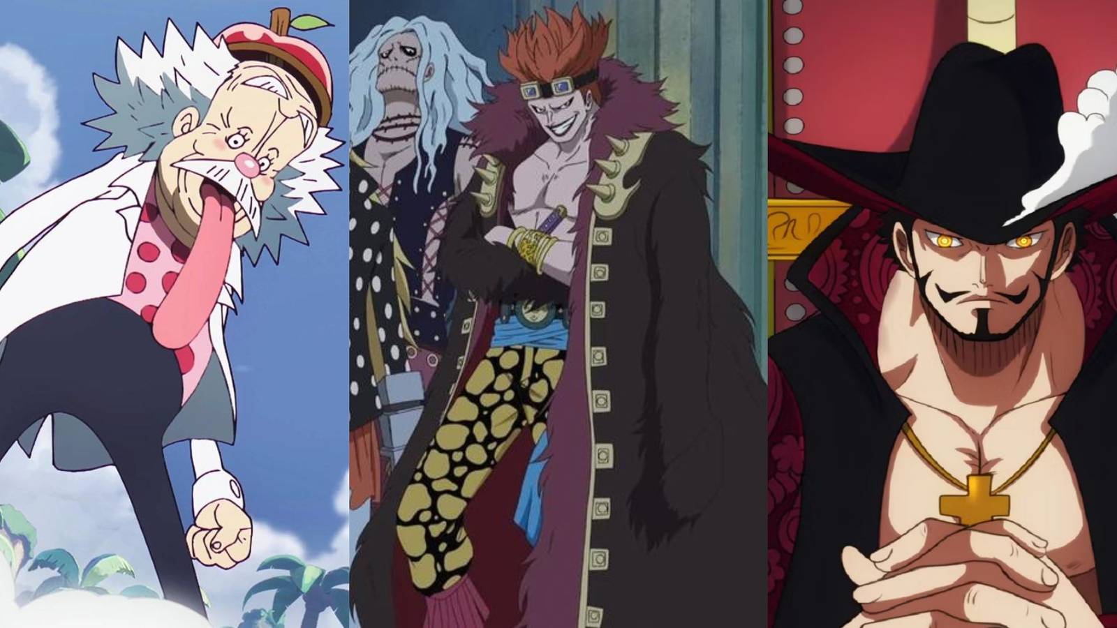 A collage of some of the biggest anti-heroes in One Piece: Dr. Vegapunk, Eustass Kid and Dracule Mihawk.
