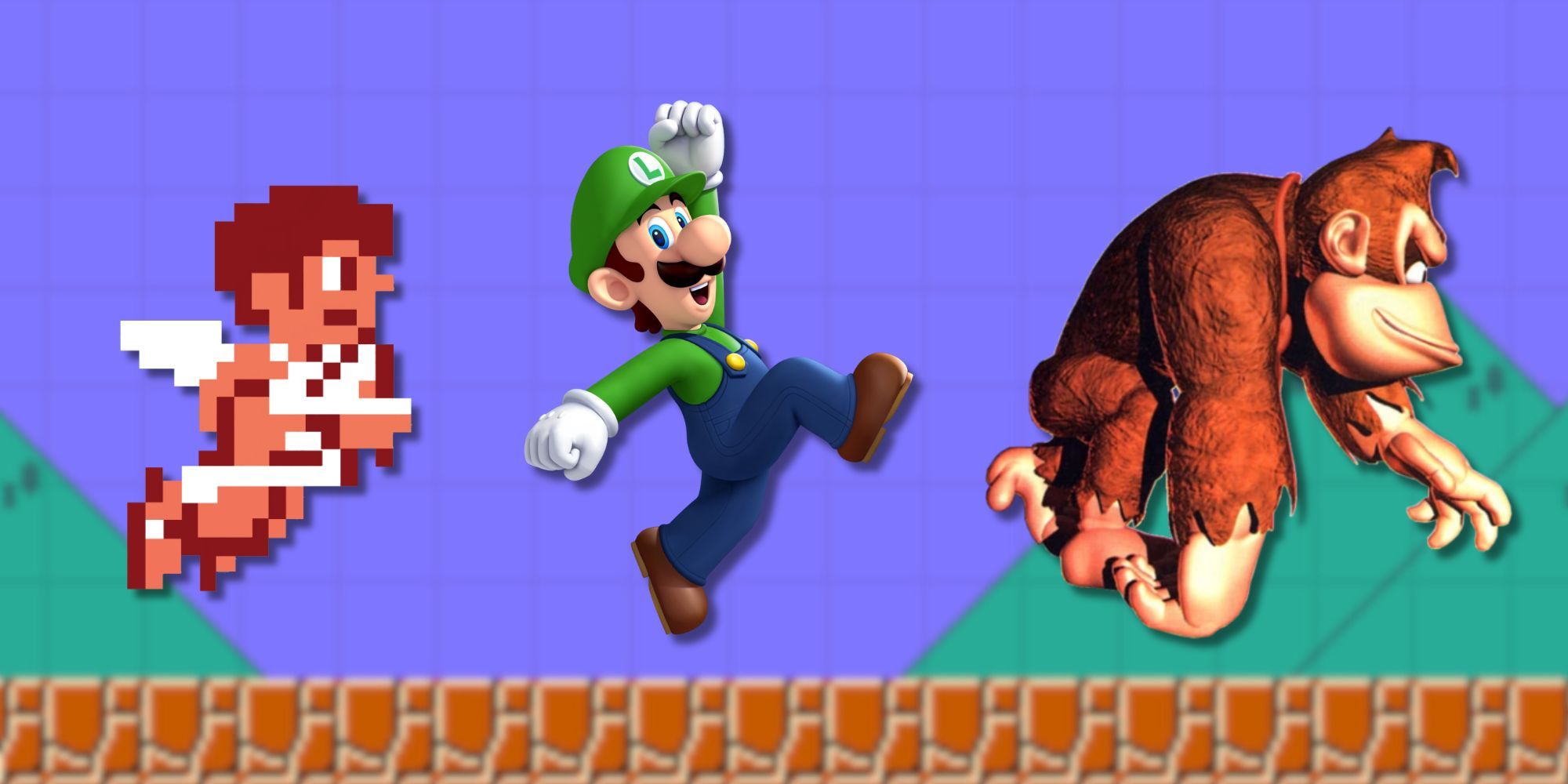 A collage of characters from some of Nintendo's hardest 2D platformers: Pit from Kid Icarus, Luigi from New Super Luigi U and Donkey Kong from Donkey Kong Country.