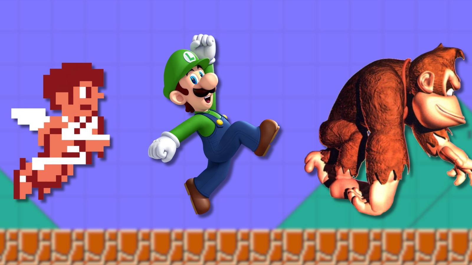 A collage of characters from some of Nintendo's hardest 2D platformers: Pit from Kid Icarus, Luigi from New Super Luigi U and Donkey Kong from Donkey Kong Country.