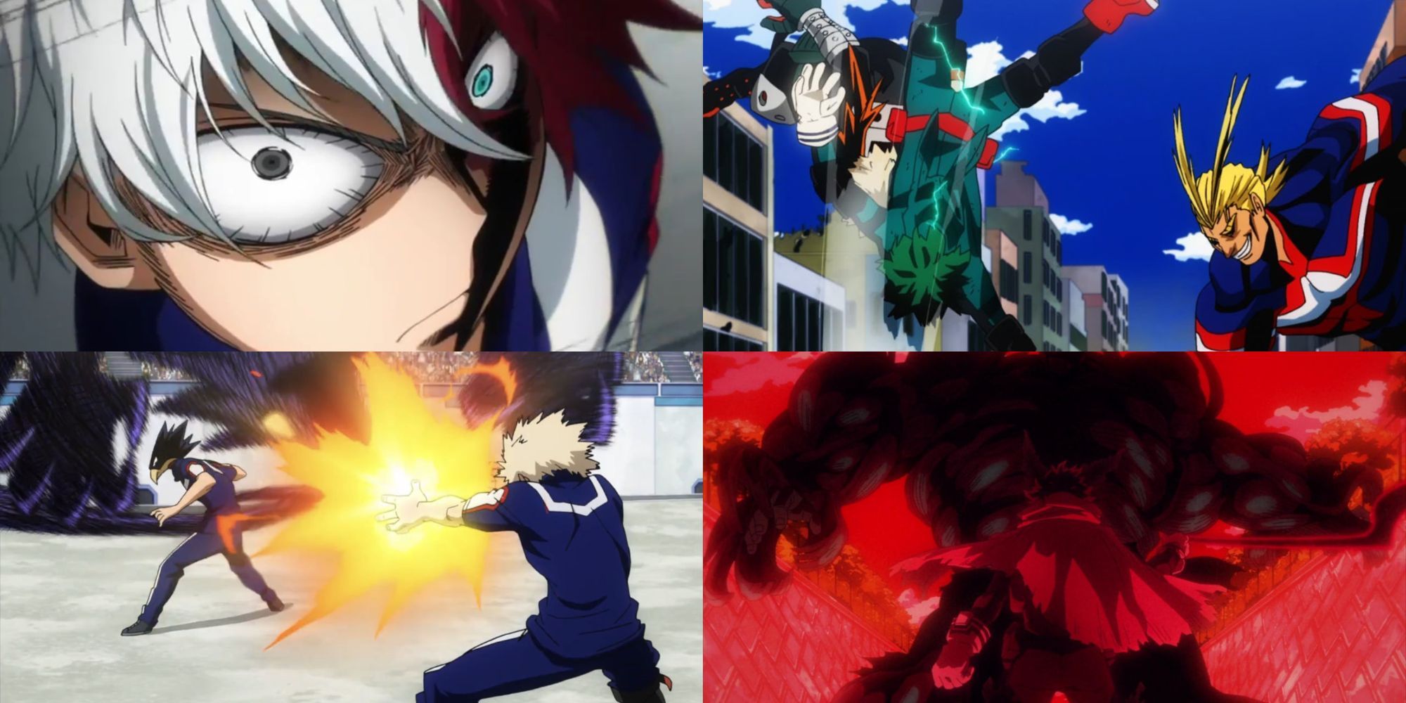 A collage of some mismatched fights In My Hero Academia: Todoroki vs. Sero, All Might vs. Deku & Bakugo, Bakugo vs. Tokoyami and Deku vs. Muscular (Rematch).