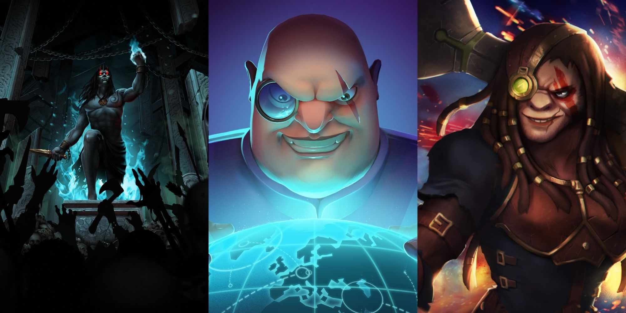 3 images, to the left a demon with hand outstretched covered in blue flames from Iratus, in the middle a bald man with a monocle and a scar over the eye with an evil grin over a globe from Evil Genius 2, to the right an animalistic man with dreadlocks holding a strange weapon over the shoulder from Legend of Keepers
