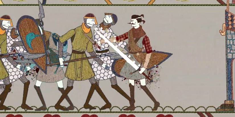 Macbeth defeating soldiers in the battle in Act 1