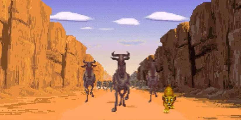 Screenshot of SNES game of young Simba running from the stampede