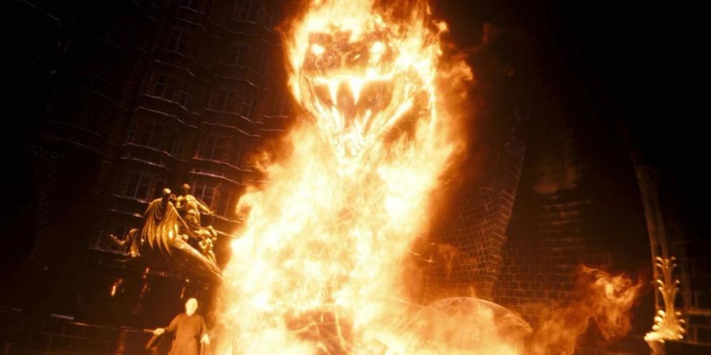 Voldemort casting a snake-shaped fiendfyre