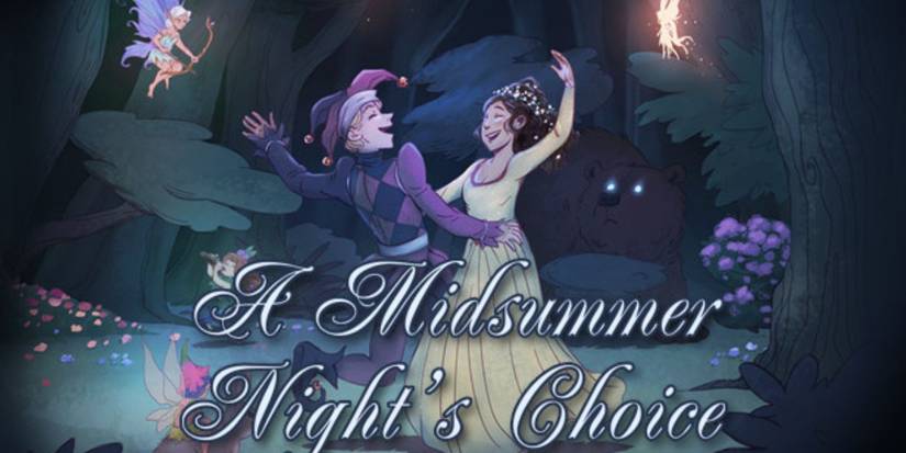 Two lovers dancing in a forest with fairies around them