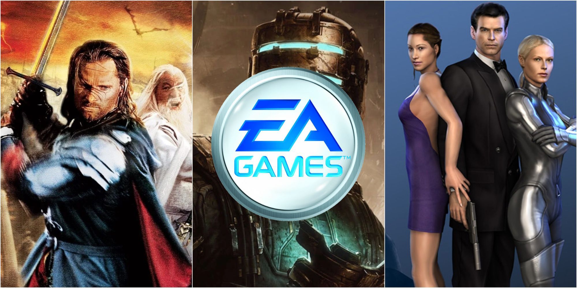 Featured Image with EA Games Logo, showing The Lord Of The Rings: Return Of The King, Dead Space, and James Bond 007: Everything Or Nothing