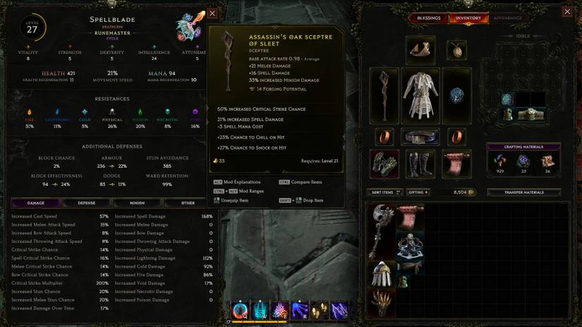 Stats for a mage leveling build in last epoch