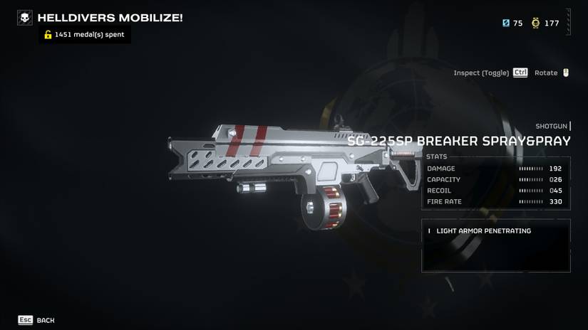 Breaker Spray & Pray stats screen in Helldivers 2