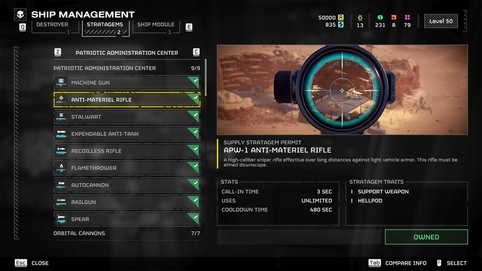 The Anti-Materiel Rifle in the Requisitions store in Helldivers 2