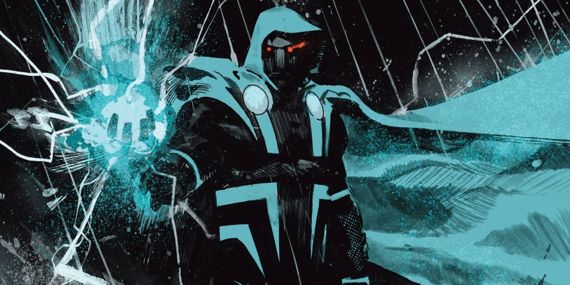 Doctor Doom from Earth-2099 summoning lightning in the rain