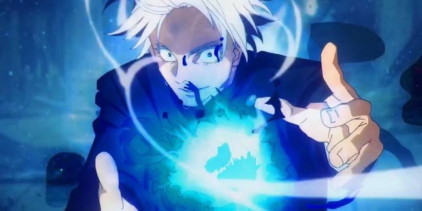 Gojo uses Cursed Technique Lapse - Maximum Cursed Energy Output: Blue in the Jujutsu Kaisen flashback.