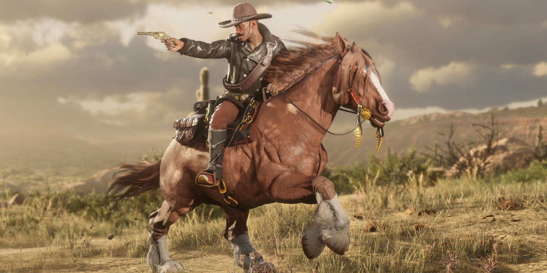 red dead online key art of a gunslinger pointing a revolver while on horseback