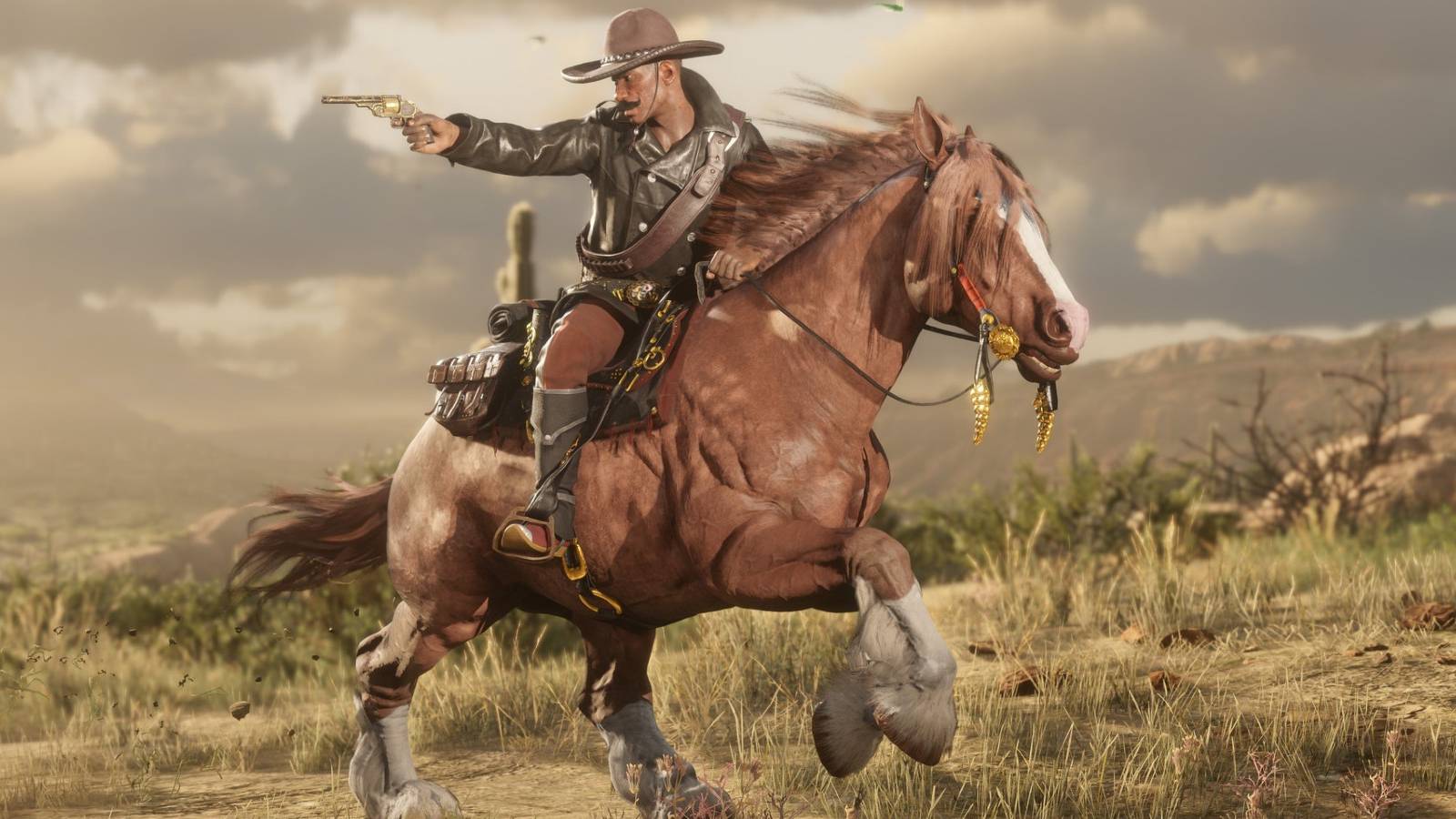 red dead online key art of a gunslinger pointing a revolver while on horseback