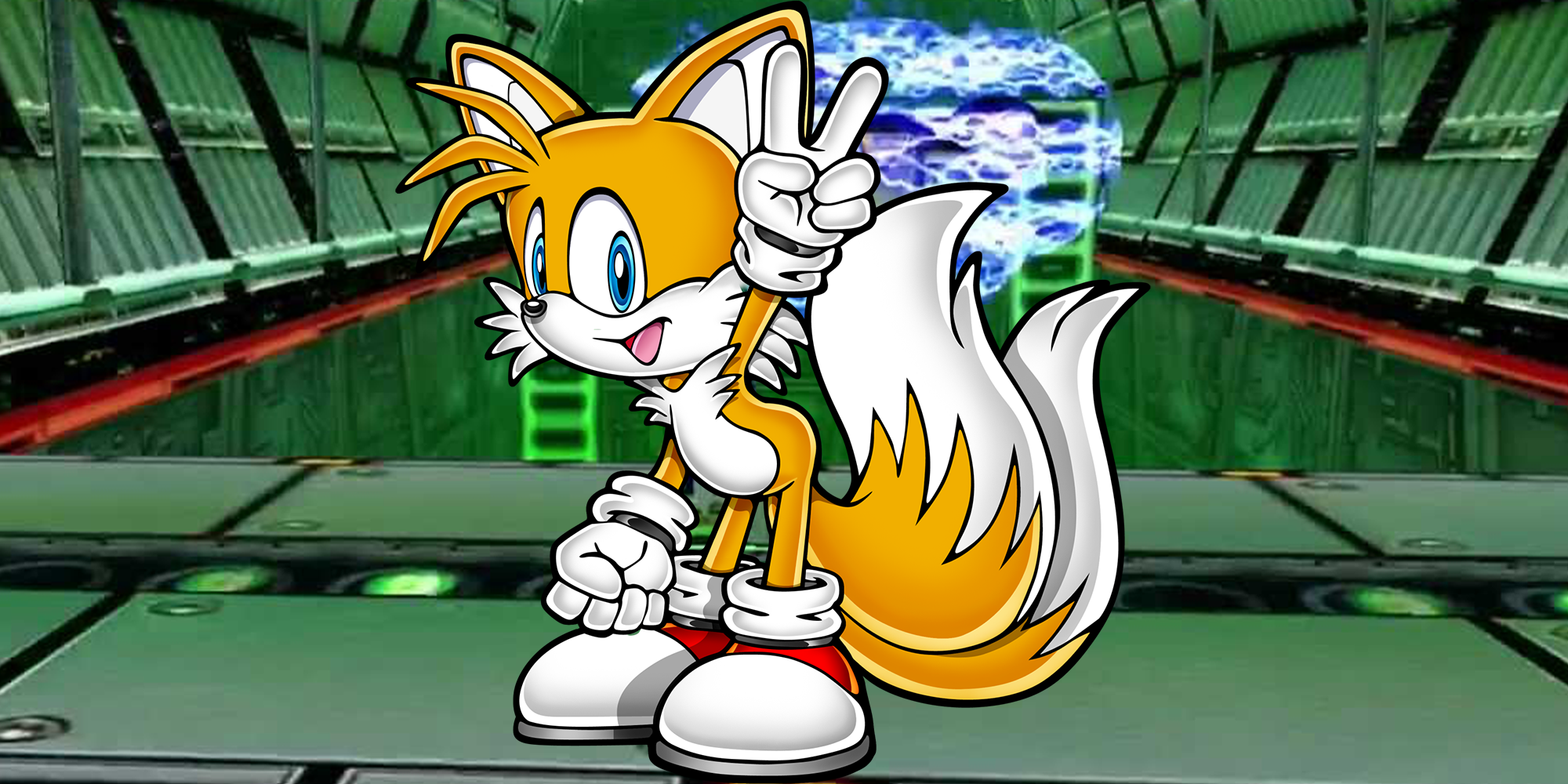 official art of Tails the Fox against backdrop of Space Colony ark's interior