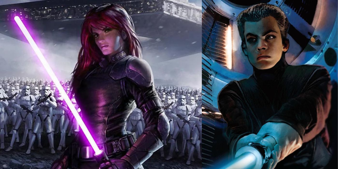 Mara Jade and Ben Skywalker with lightsabers