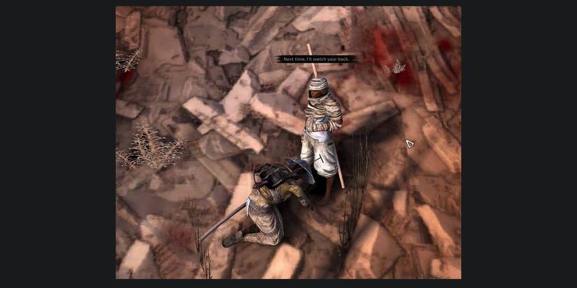 A Nomad thankful after being healed in Kenshi