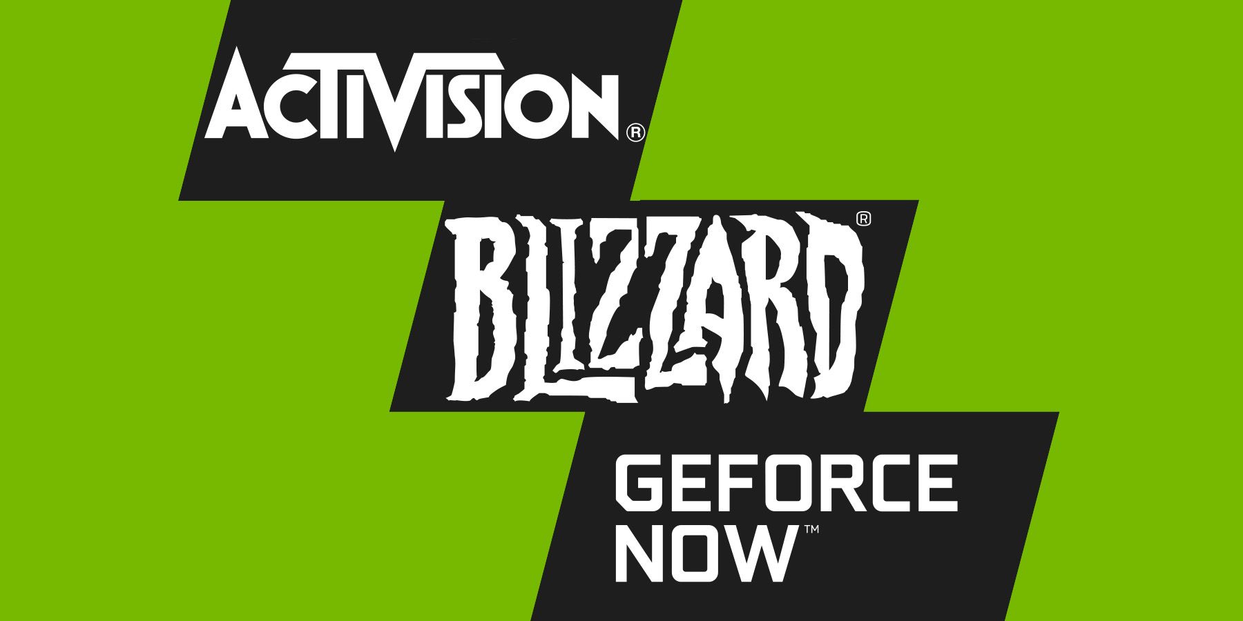 Activision Blizzard Nvidia GeForce NOW logos green-gray-white composite