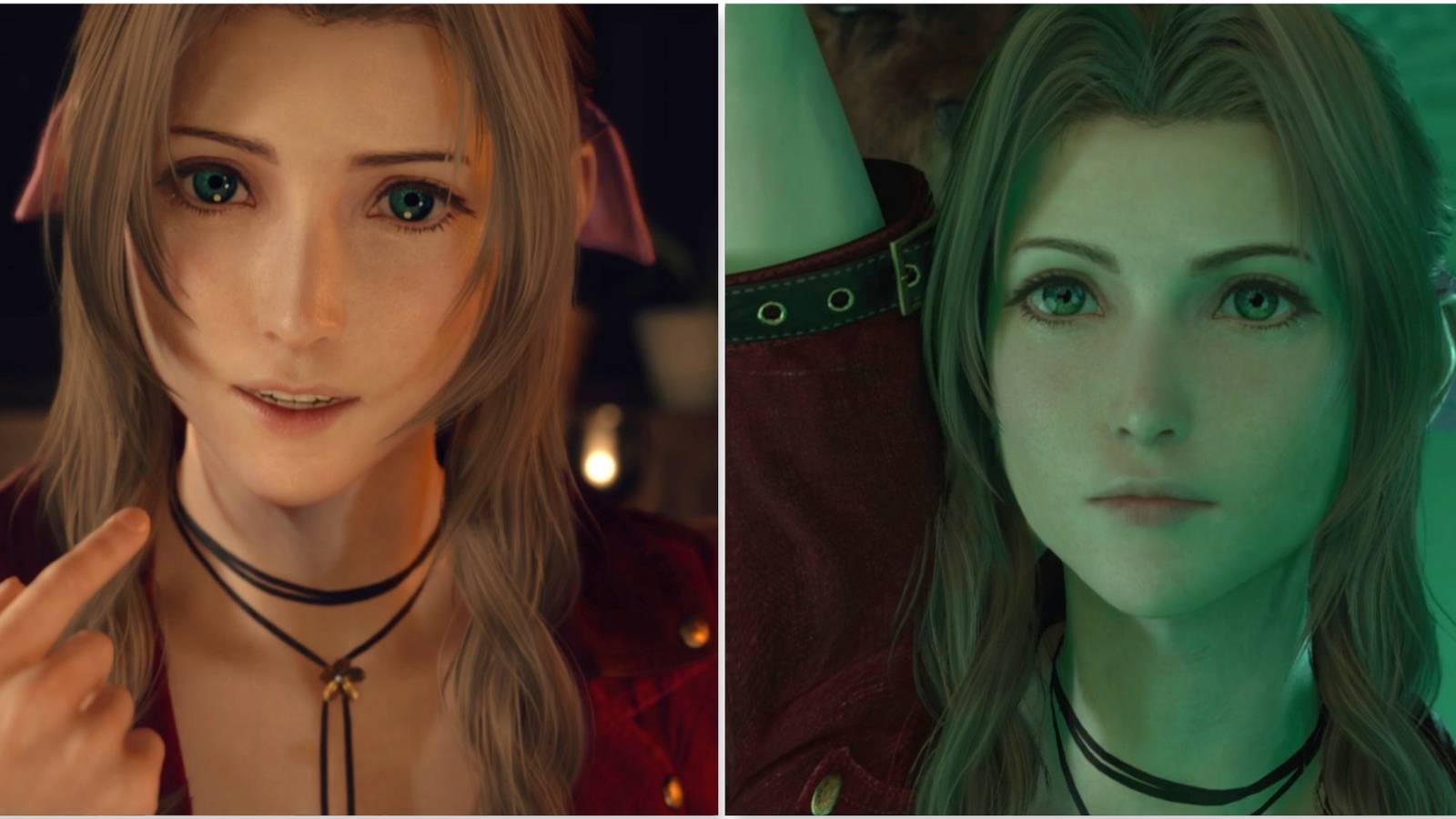 Aerith in the Kalm Inn in Final Fantasy 7 Rebirth and Aerith in the Village of the Gi in Final Fantasy 7 Rebirth