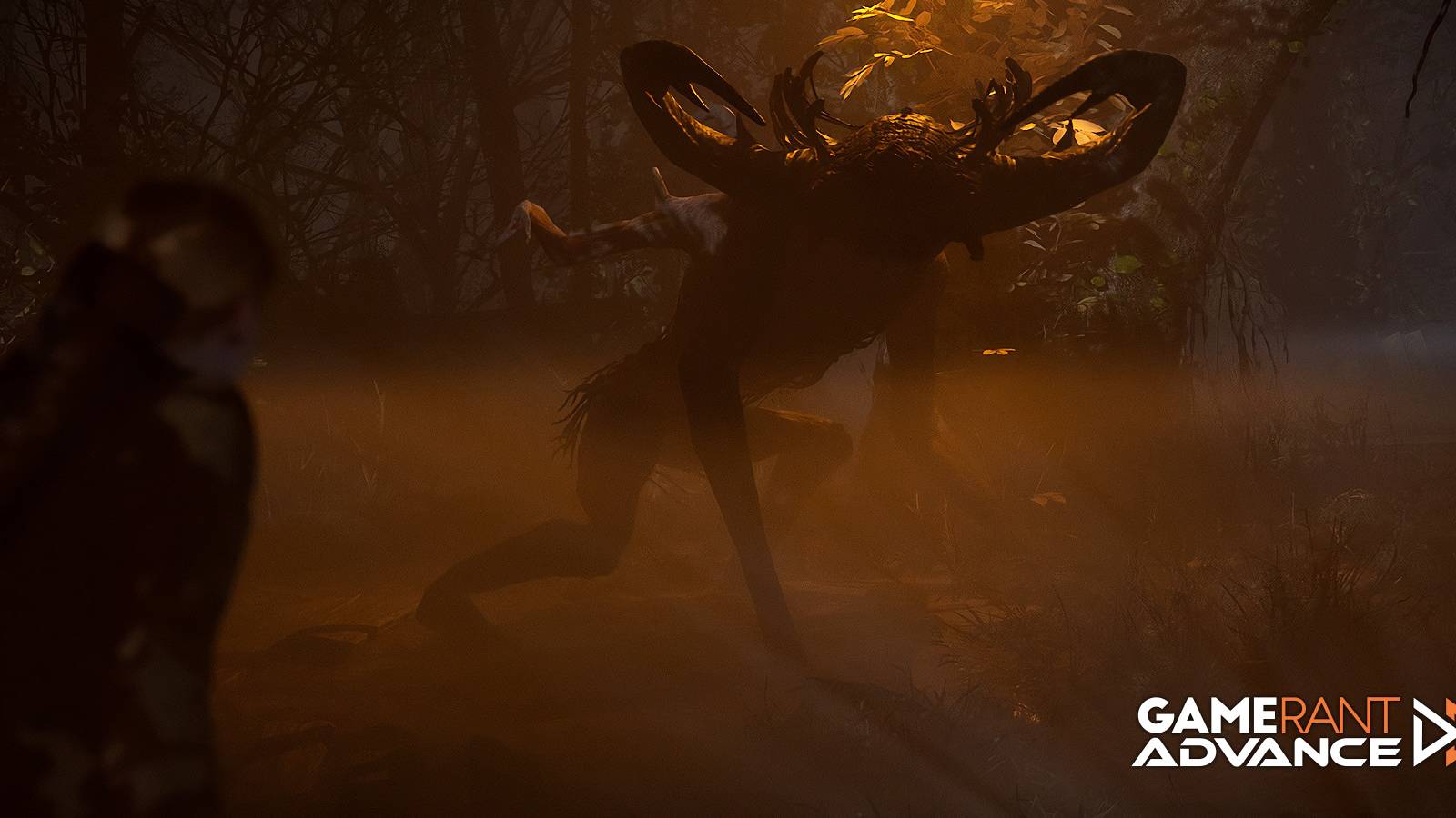 alone-in-the-dark-cinematic-still-game-rant-advance-creature-emily-horned-large-beast-outdoors-forest-feature