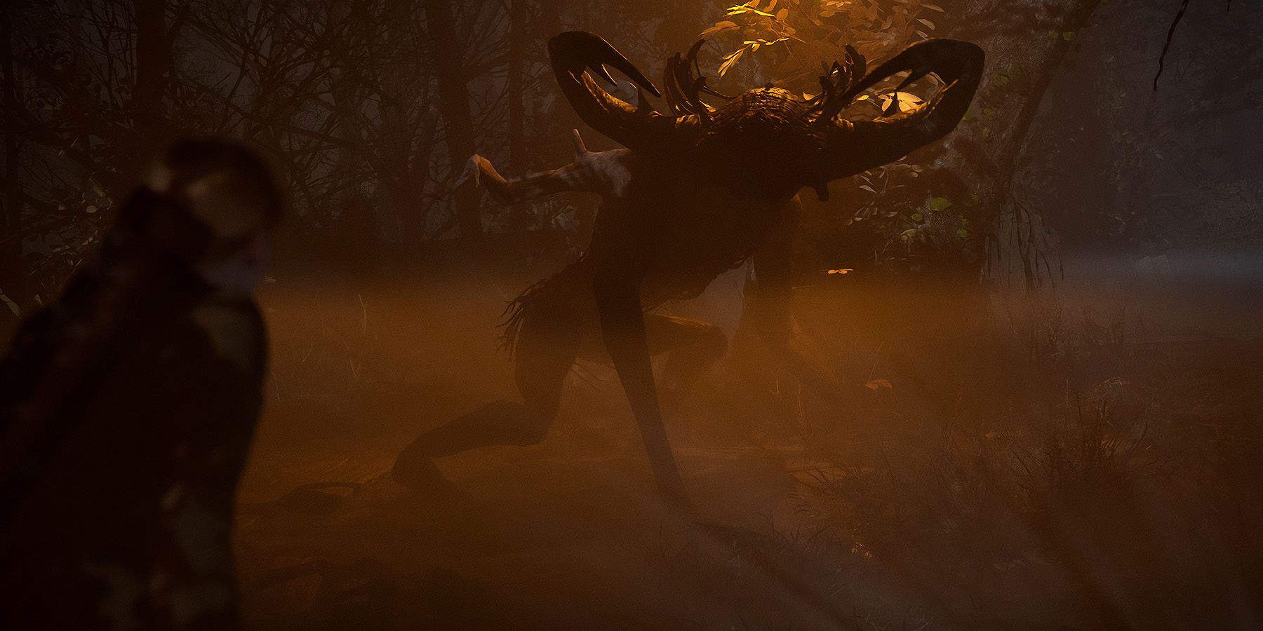 alone-in-the-dark-cinematic-still-game-rant-advance-creature-emily-horned-large-beast-outdoors-forest